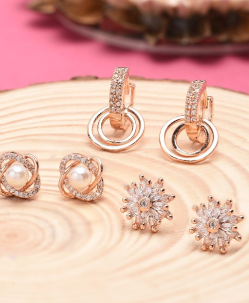 Zaveri Pearls Rose Gold Plated Set of 3 Contemporary Studs Earrings